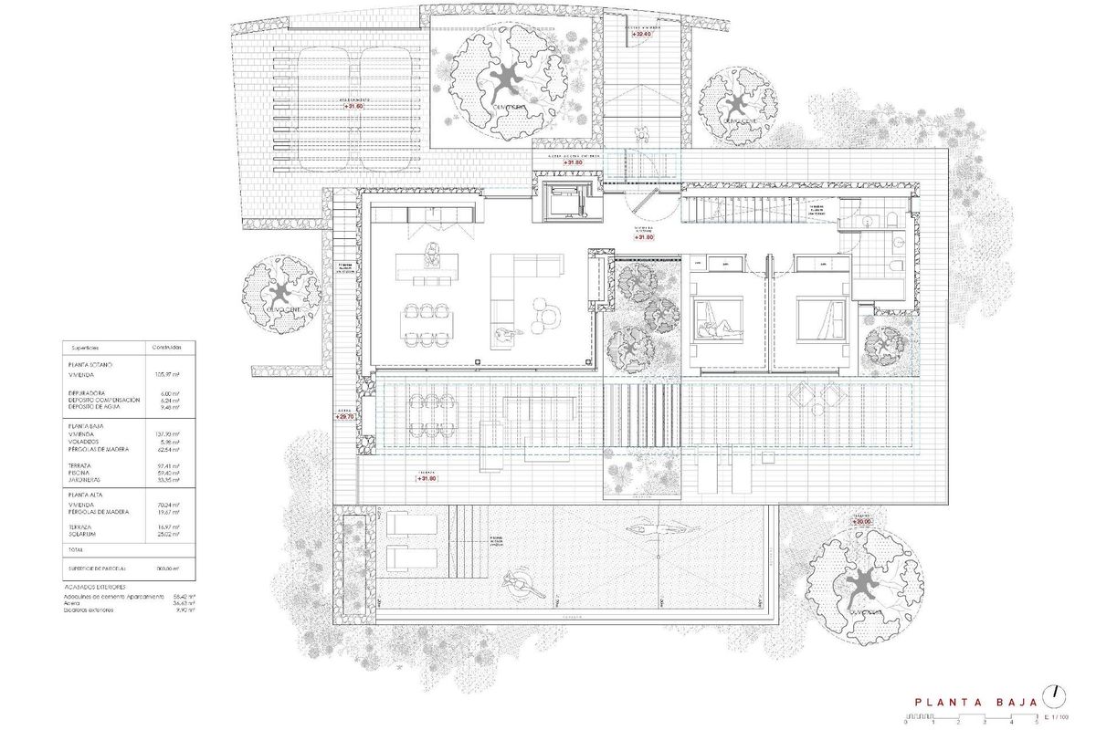 Begane grond plattegrond van een 4-slaapkamer villa in Benissa, met kamerindeling en tuinfeatures.