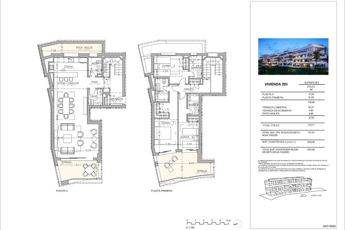 Plattegrond van een 3-slaapkamer appartement aan de grond in Marbella, Costa del Sol, met indeling en afmetingen.