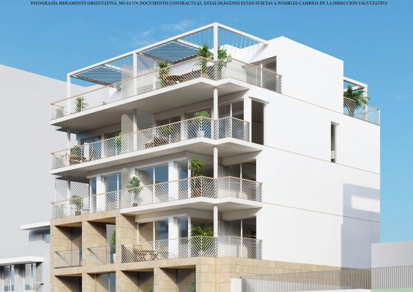 Buitenzicht op een modern 1-slaapkamerappartement in Villajoyosa, Costa Blanca Noord, met balkons.