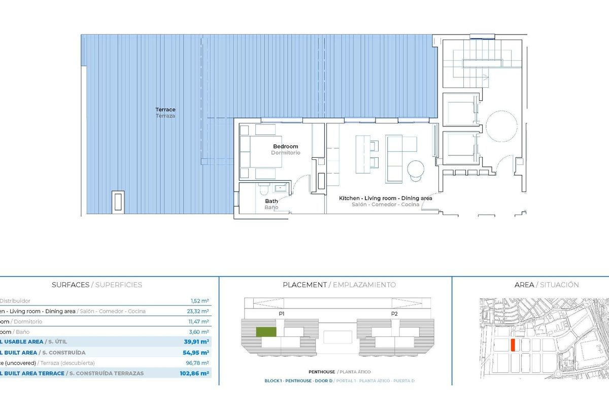 Gedetailleerde plattegrond van het 1-slaapkamerpenthouse, die de indeling en afmetingen van het pand in Mijas toont.