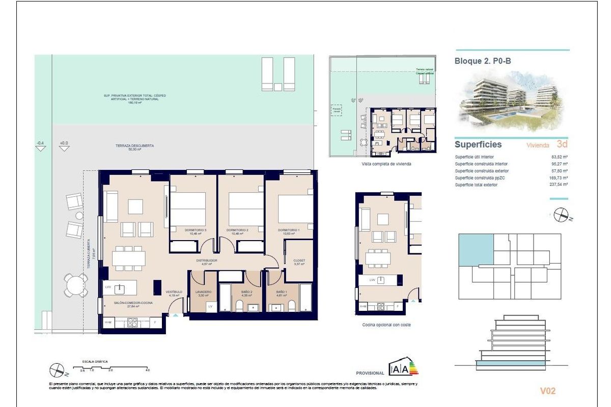Plattegrond van een 3-slaapkamer appartement op de begane grond in een appartementencomplex in Villajoyosa.