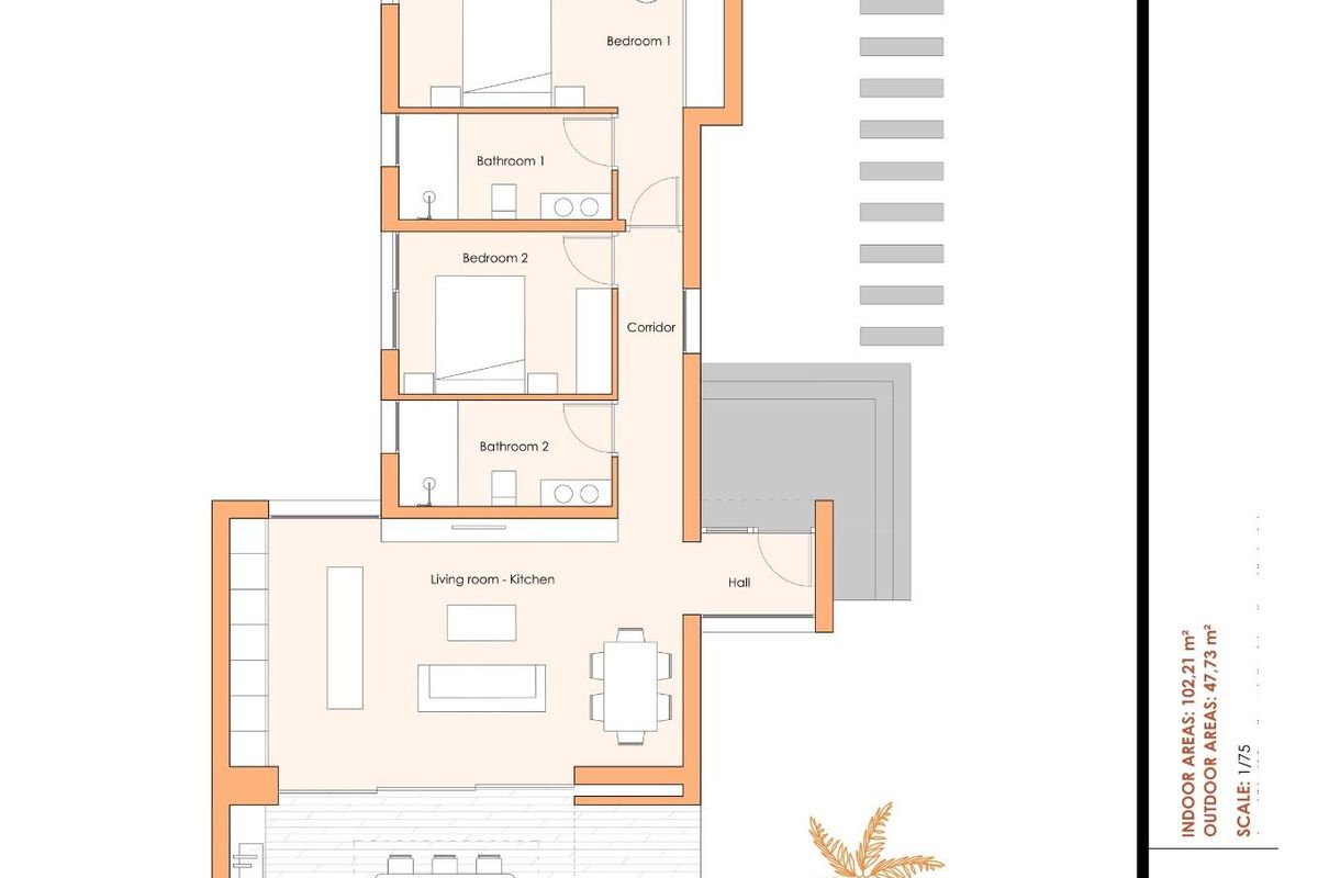 Floorplan of a 2-bed villa, including kitchen, living room, and swimming pool, located in Baños y Mendigo.