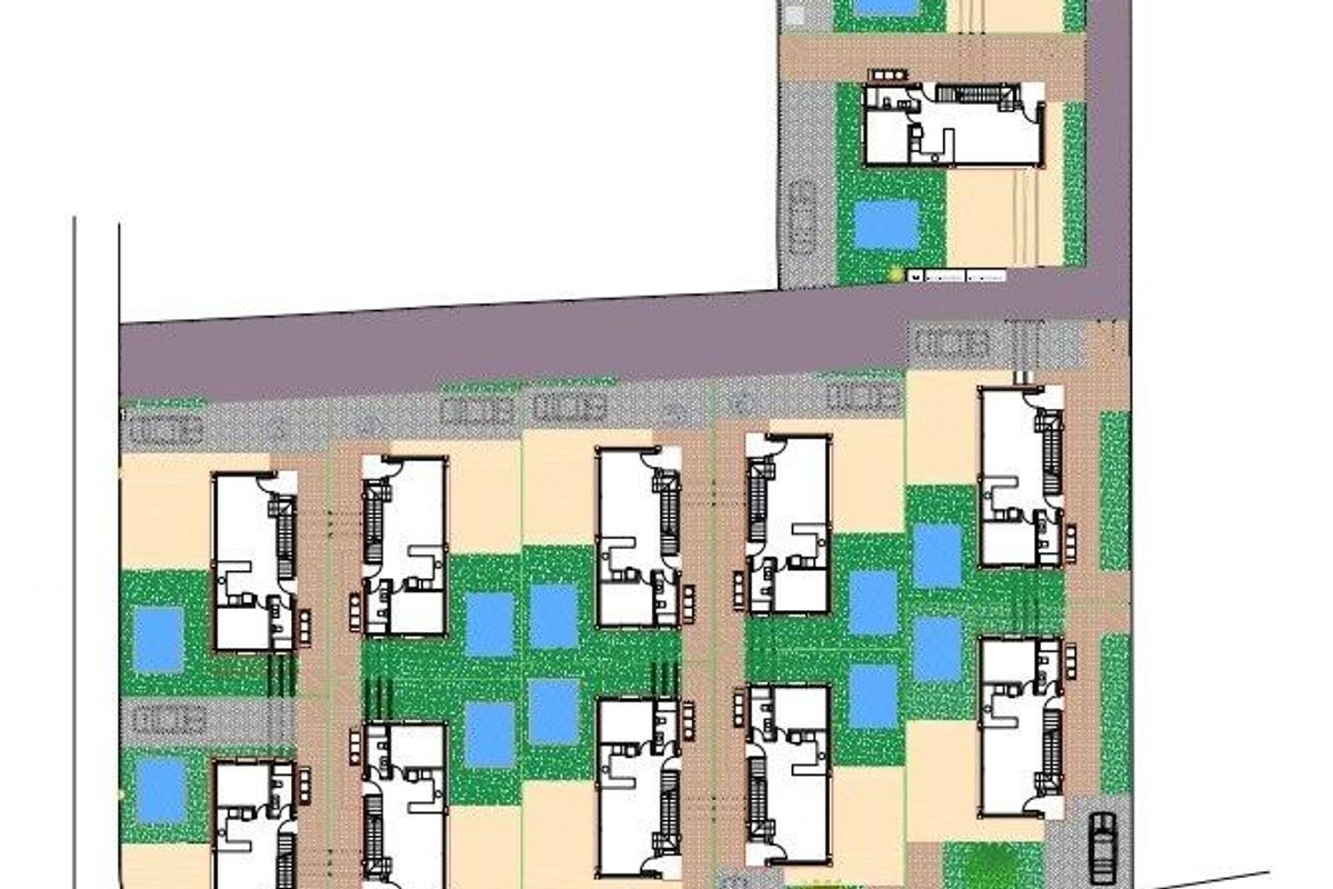 Plattegrond van het villa complex met 3 slaapkamers in La Marina, met tuin- en zwembadgebieden.