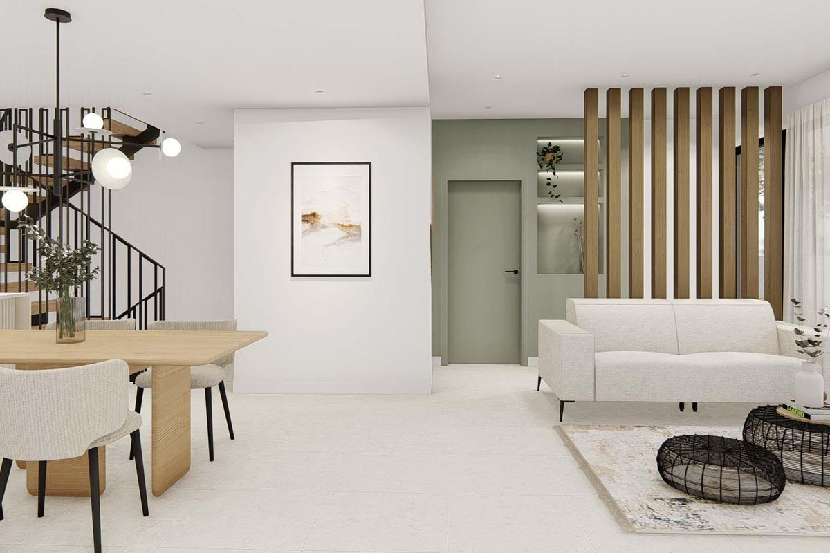 Ruime inrichting van een stijlvolle eet- en woonkamer in een bungalow in Dolores, Spanje.