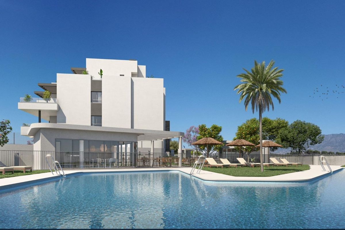 Zijaanzicht van een modern appartementsgebouw in Mijas, Costa del Sol, omringd door palmbomen en ligbedden.