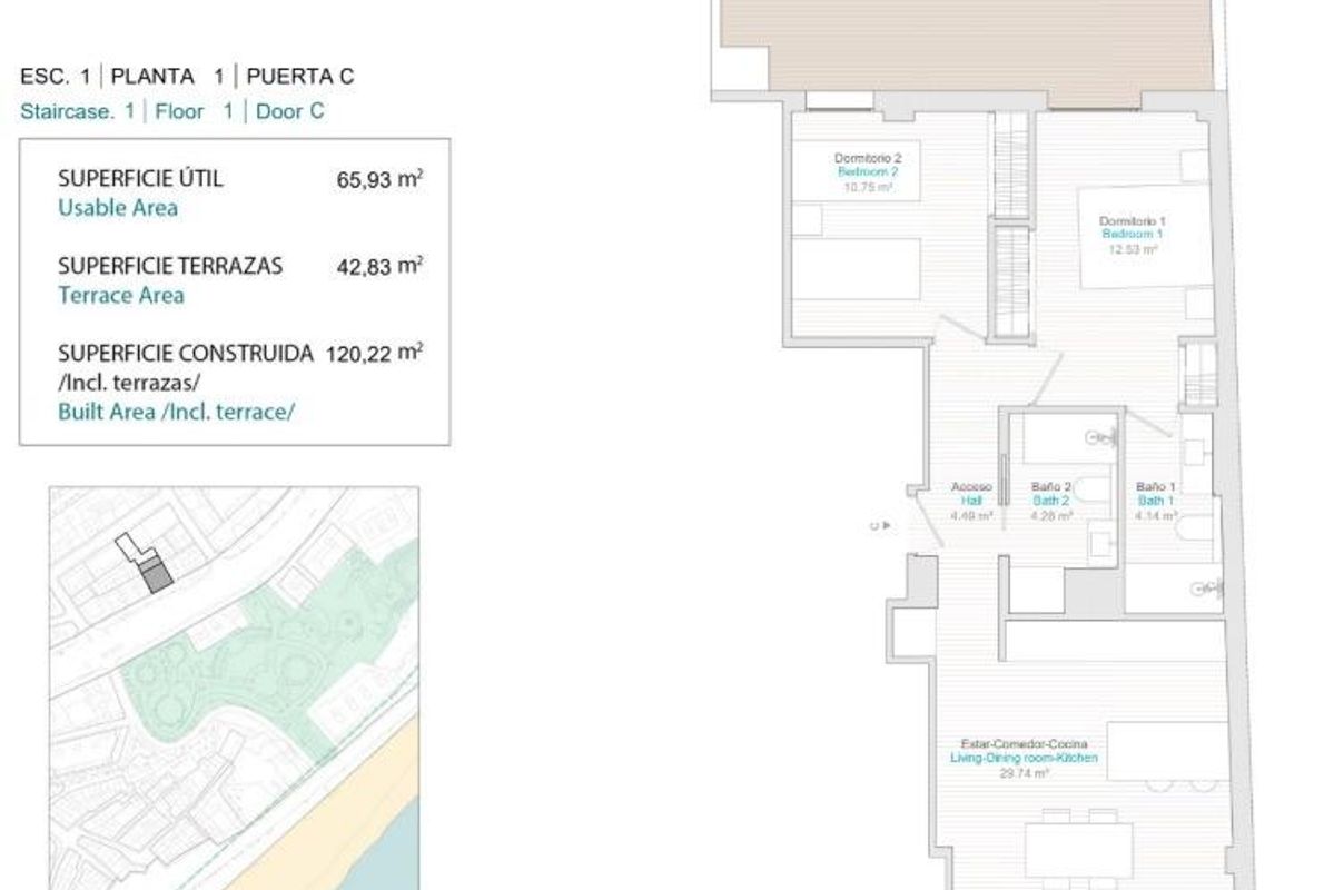 Plattegrond van een 2-slaapkamer appartement met indeling en terrasinformatie in Villajoyosa, Costa Blanca Noord.