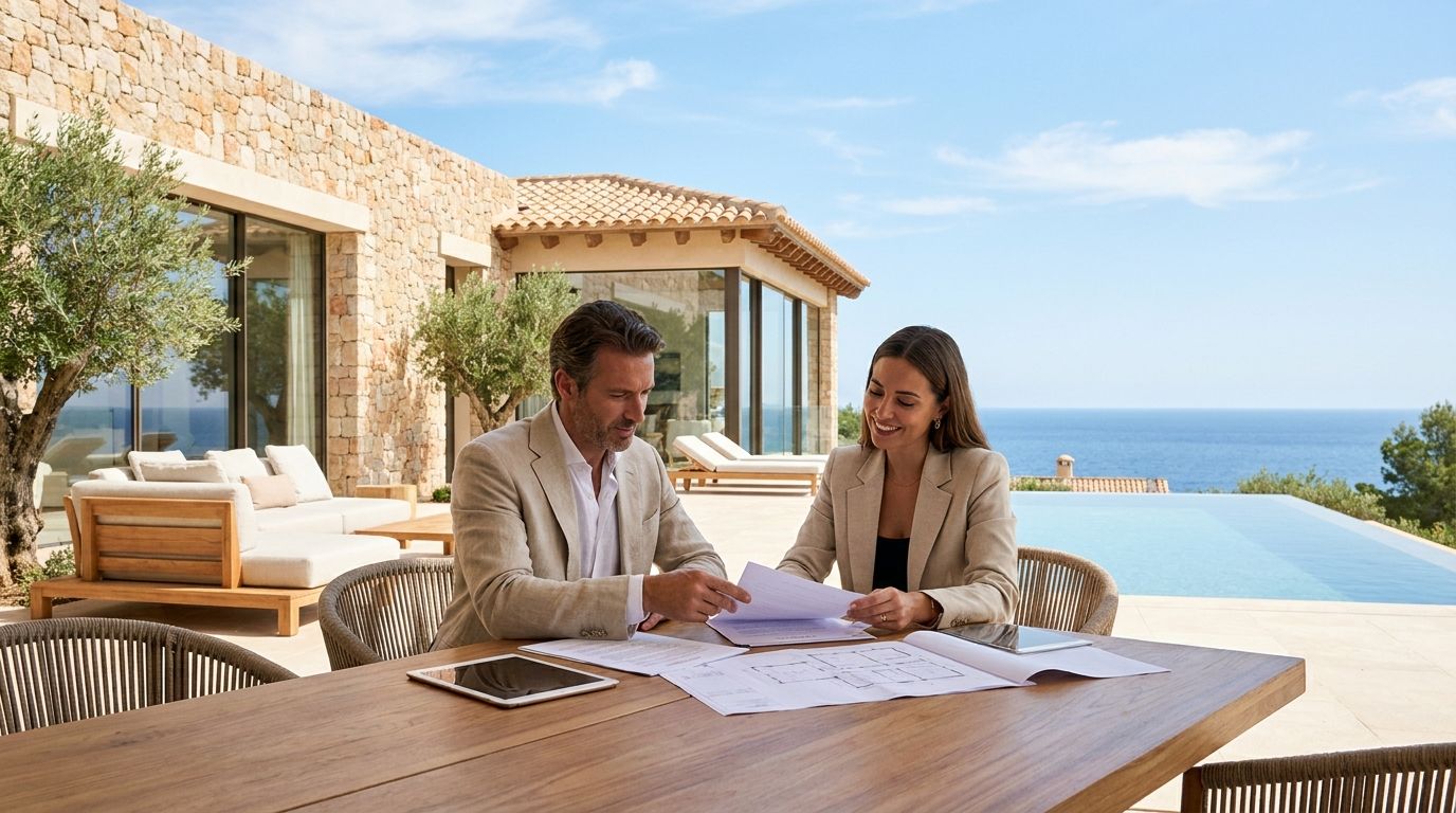 A sophisticated international buyer reviewing Spanish real estate documents with a local agent