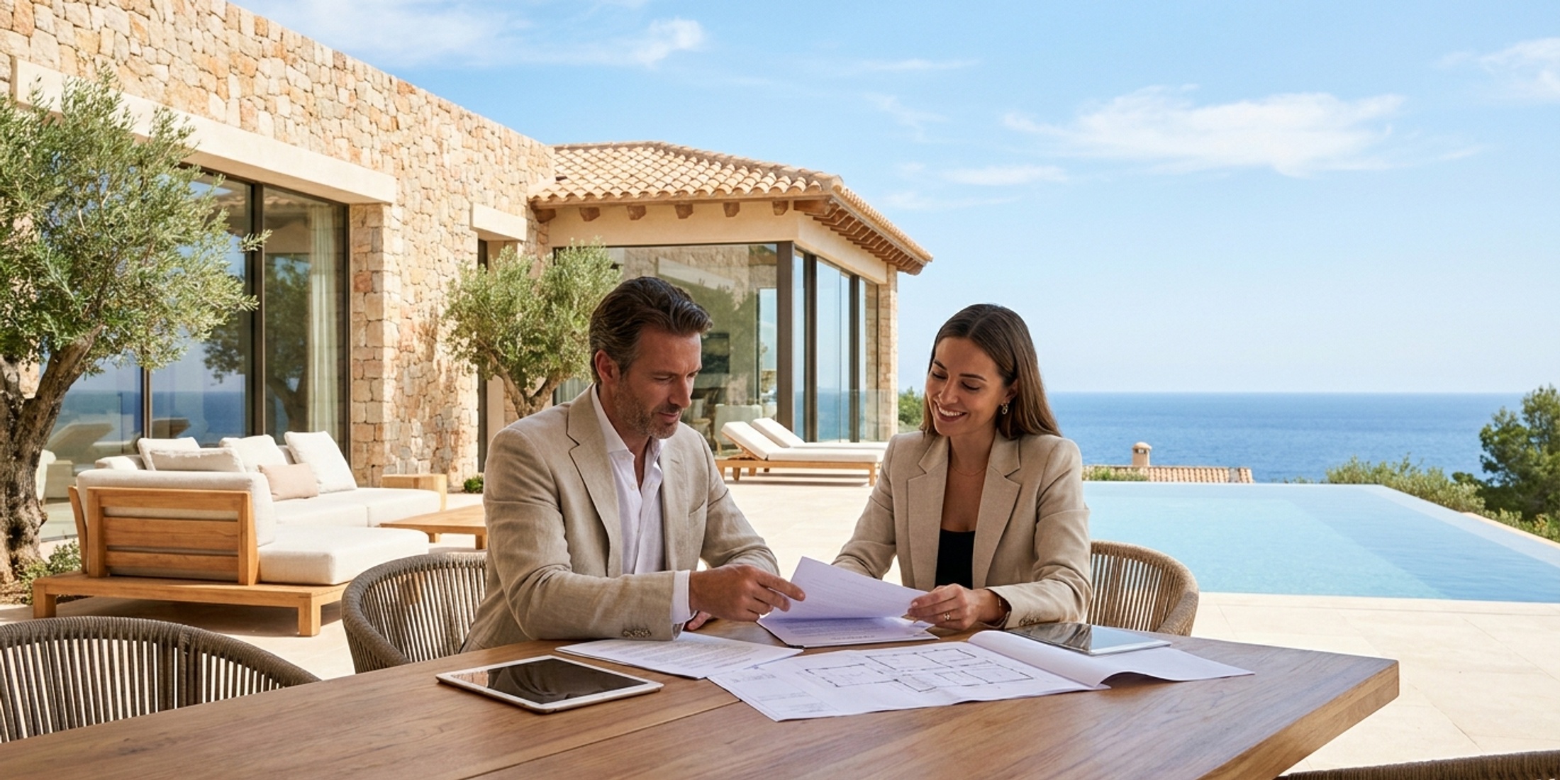 A sophisticated international buyer reviewing Spanish real estate documents with a local agent