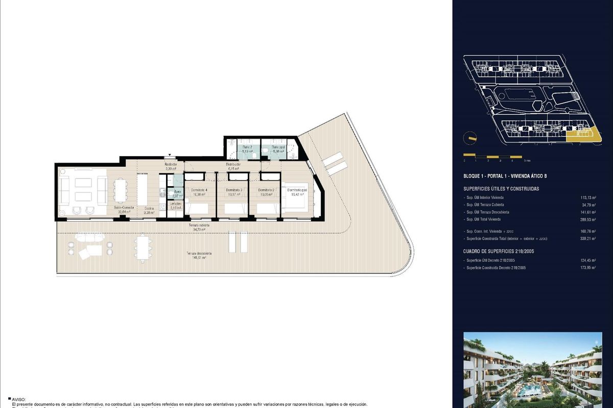 Plattegrond van een 4-slaapkamerpenthouse in Marbella, met woonruimtes, slaapkamers en buitenspeelruimtes.