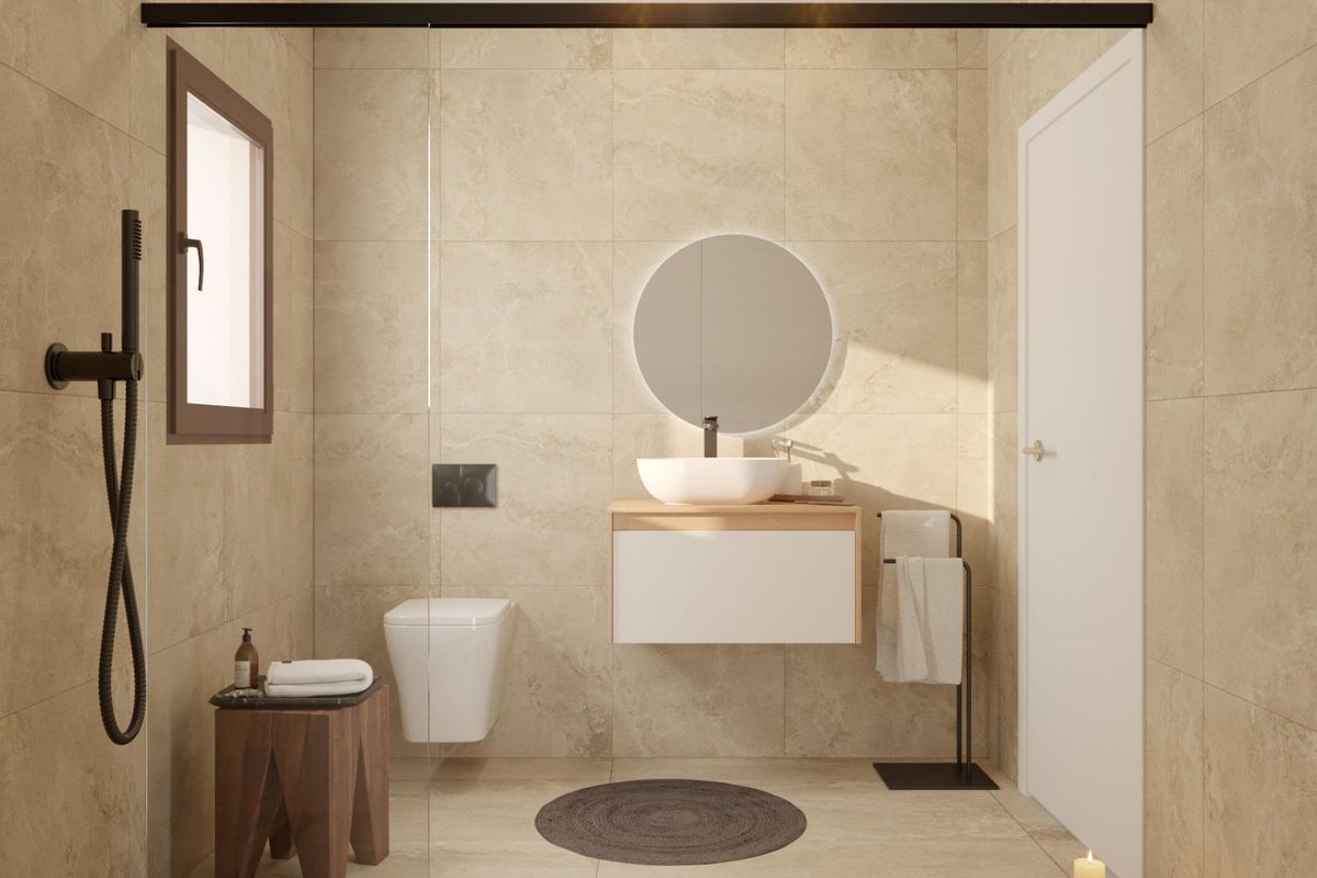 Modern badkamer met douche, wastafel en wastafelunit in een 3-slaapkamer villa in Algorfa, Costa Blanca Zuid.