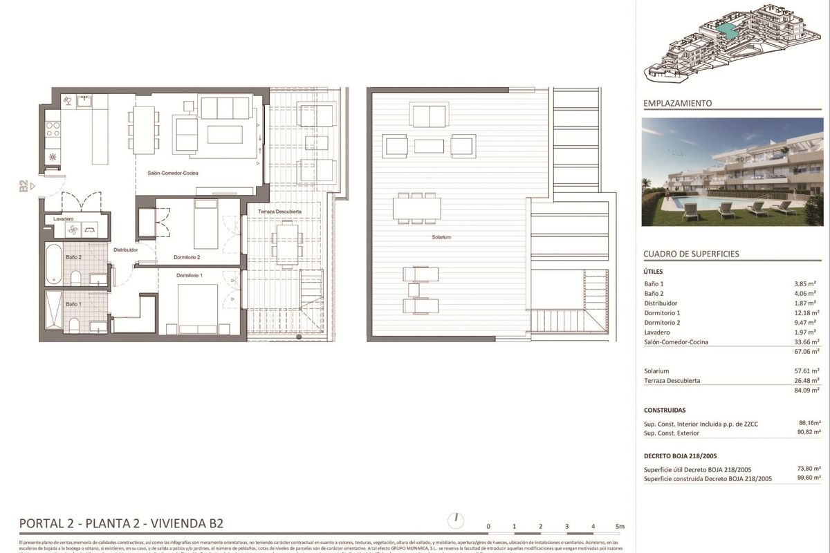 Gedetailleerde plattegrond van een penthouse met 2 slaapkamers, toont de indeling in Estepona, Costa del Sol.
