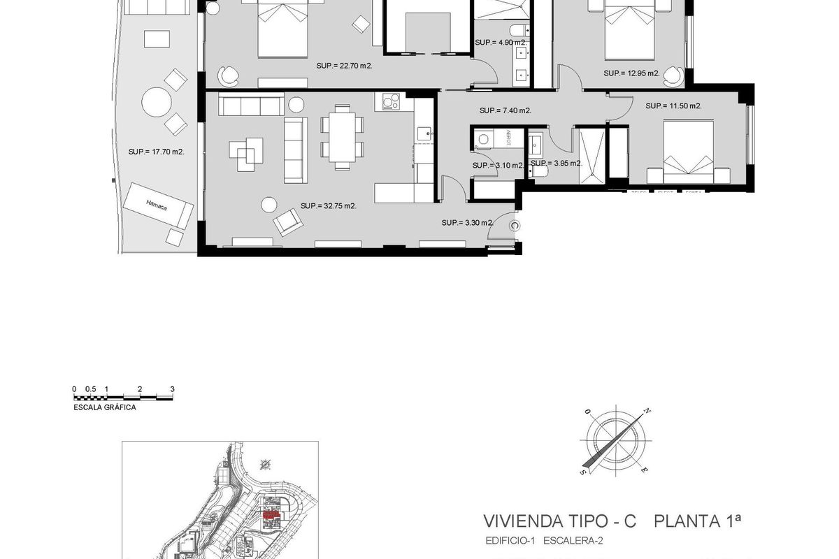 Gedetailleerde plattegrond van een 3-slaapkamer appartement in Mijas, Costa del Sol, met indeling en ruimteverdeling.