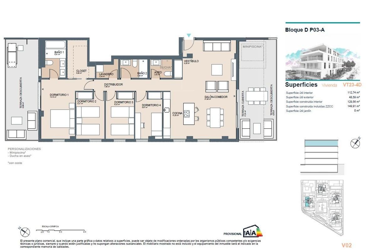 Plattegrond van een 4-slaapkamer penthouse in Benicassim, toont indeling en ruime kamers.