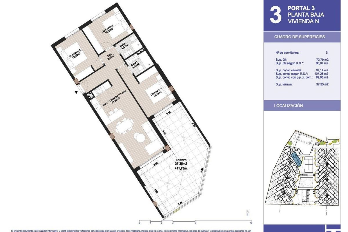 Plattegrond van een gelijkvloers appartement met 3 slaapkamers, gelegen in Torrox, Costa del Sol, Spanje.