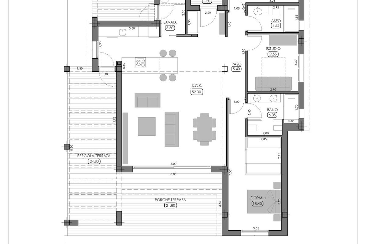 Plattegrond van de 3-slaapkamer villa in Algorfa, met een ruime indeling en kamer-maten.