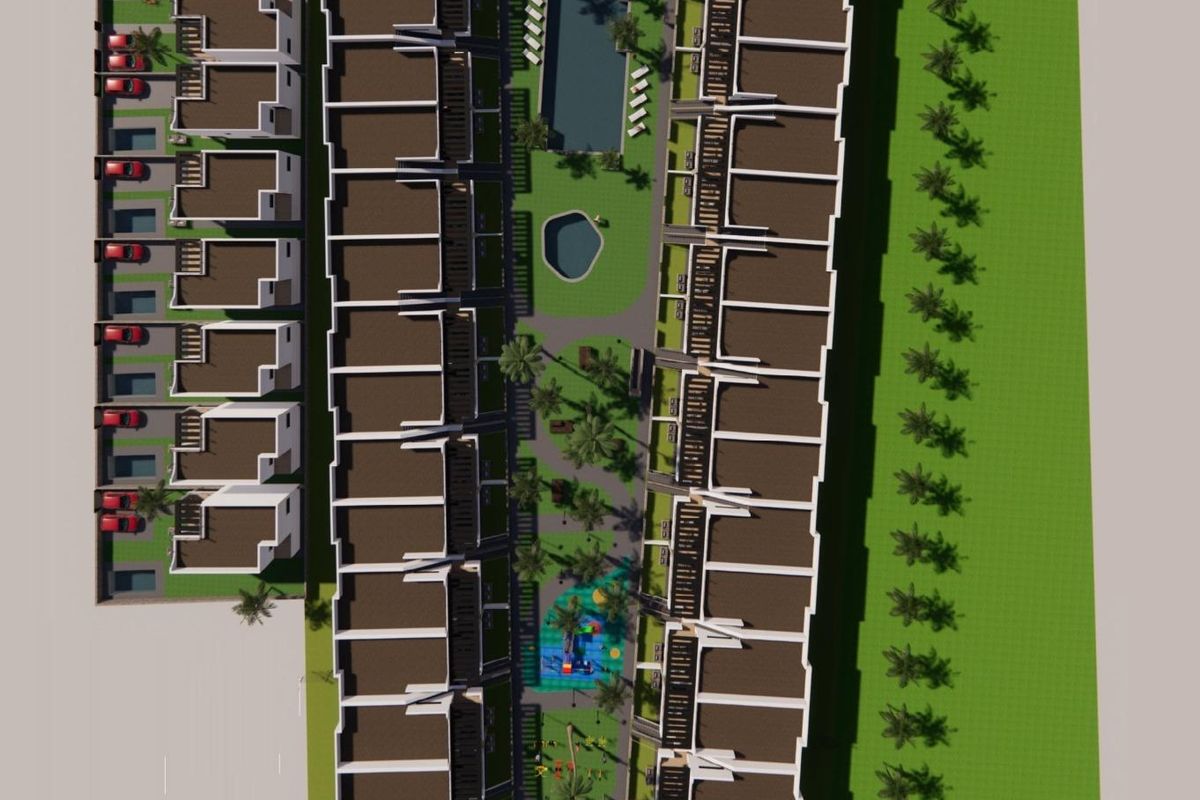 Luchtfoto van een woonindeling, met het zwembad en groene gebieden in Torrevieja.