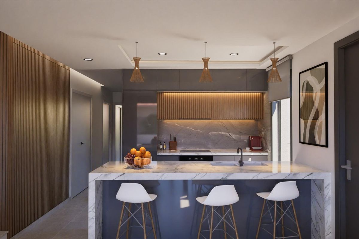 Een ander uitzicht op de moderne keuken met een ontbijtbalk en elegant ontwerp in Los Nietos, Spanje.