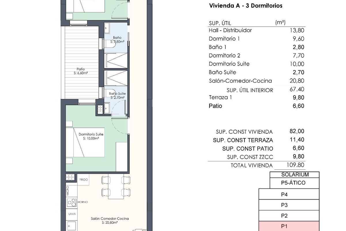 Plattegrond van een 3-slaapkamer appartement in Torrevieja, met de indeling van kamers en ruimtes.