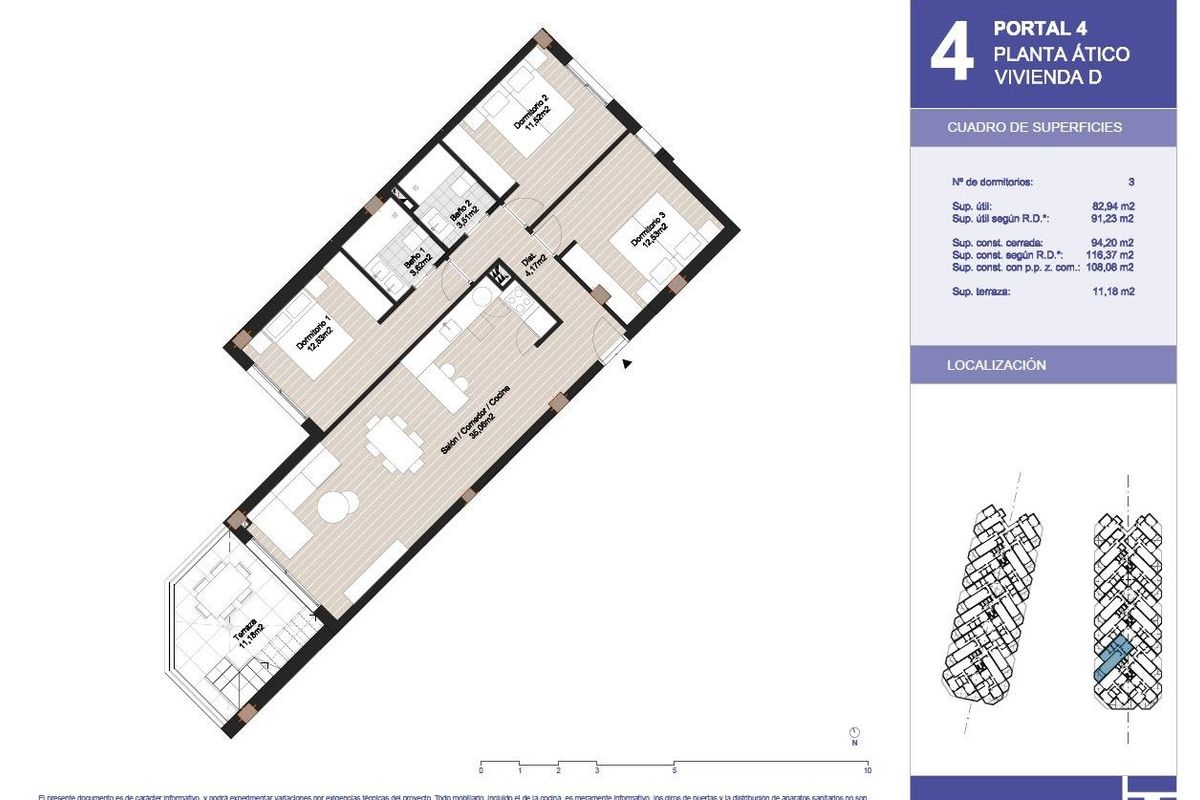 Plattegrond van een 3-slaapkamer penthouse in Torrox, Costa del Sol, met indeling en afmetingen van de kamers.