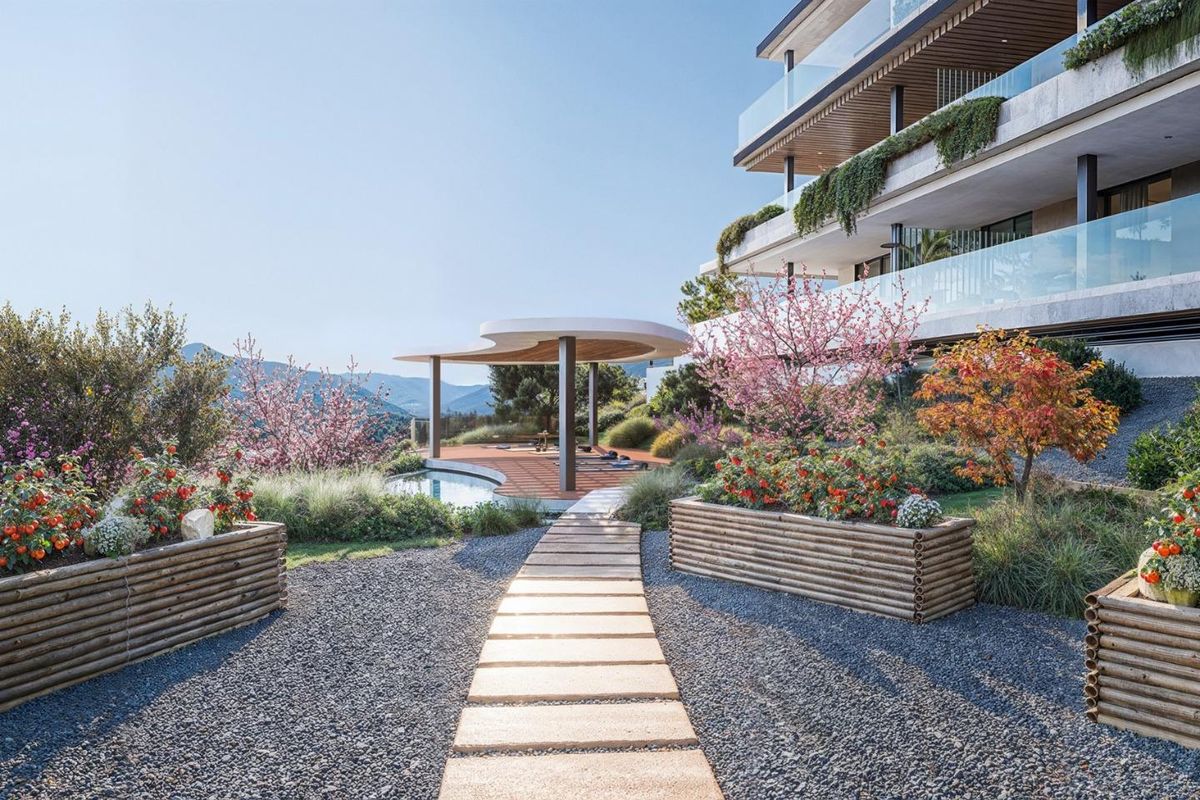 Mooie tuinpad leidend naar het luxe penthousecomplex in Estepona, omringd door levendige bloemen.