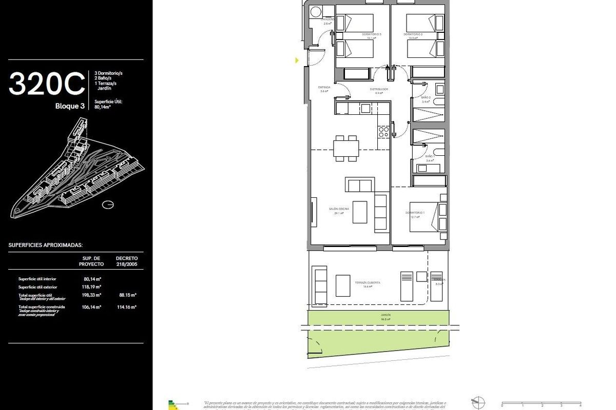 Plattegrond van een 3-slaapkamer appartement op de begane grond in Mijas, Costa del Sol, Spanje.