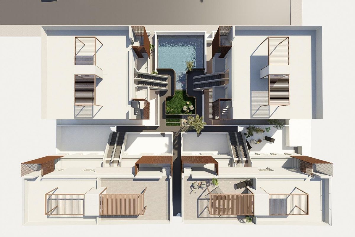 Luchtfoto van de vastgoedindeling in Pilar de La Horadada, met nadruk op voorzieningen en gemeenschappelijke ruimtes.