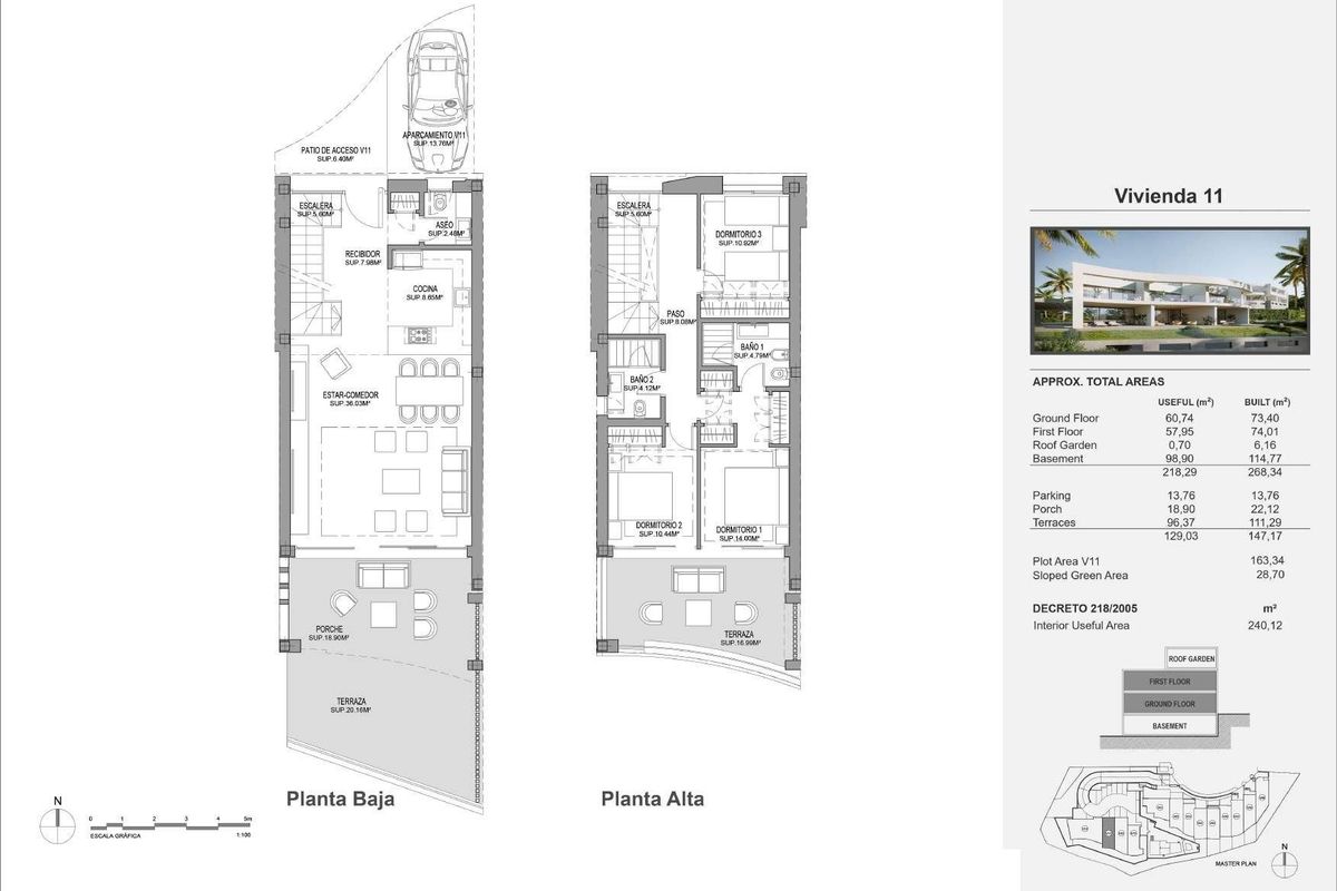 Gedetailleerde plattegrond van een townhouse met twee verdiepingen en kamertoewijzingen in Mijas, Costa del Sol.
