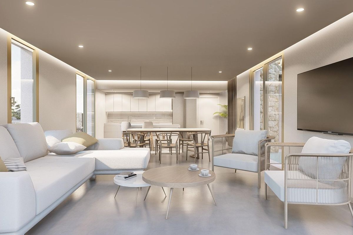 Gezellige woonkamer met moderne inrichting en ruime zitplaatsen in de villa, Algorfa, Costa Blanca Zuid.