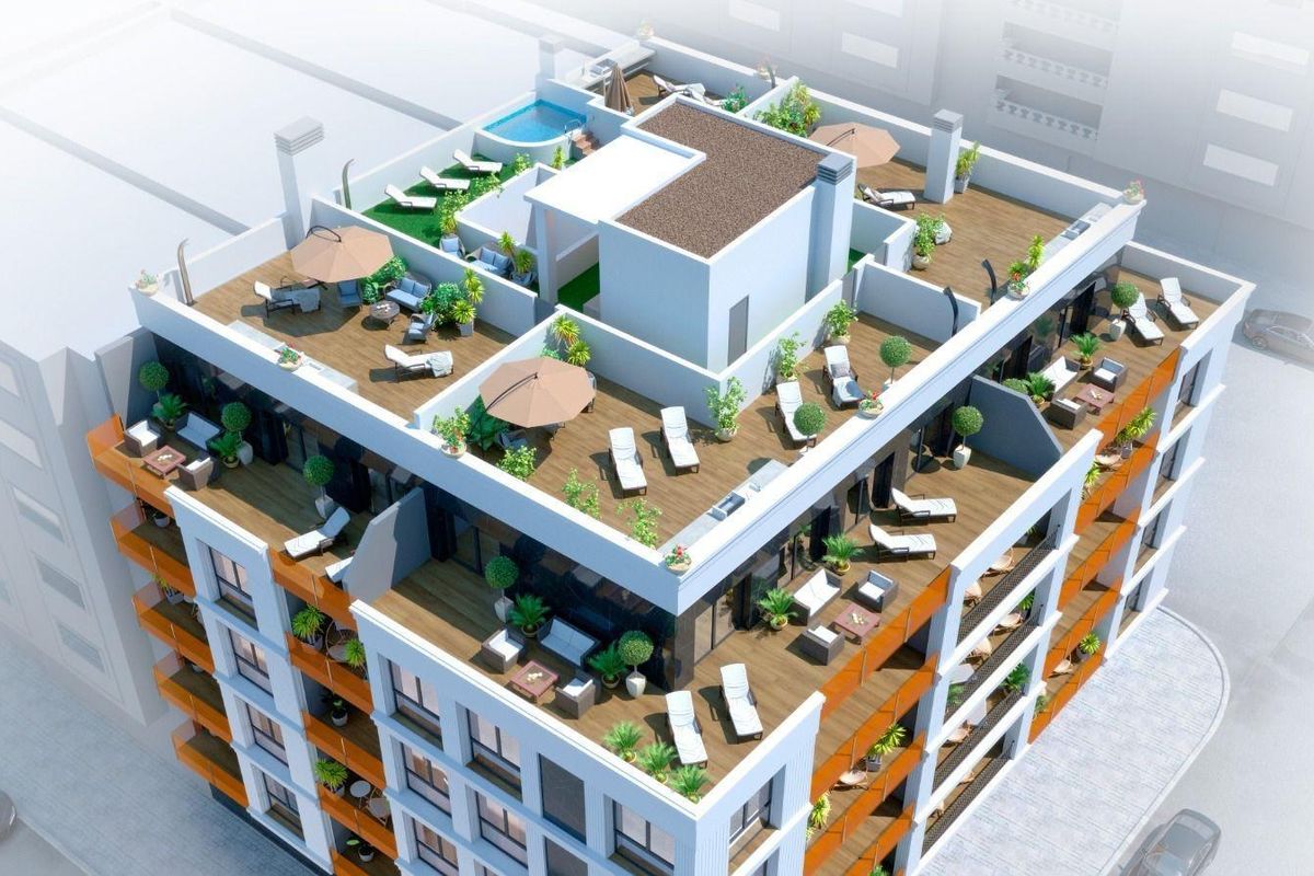 Luchtfoto van het penthouse dak met een zwembad en loungruimtes in Torrevieja, Costa Blanca Zuid.