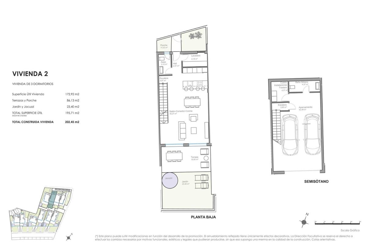 Plattegrond van een 3-slaapkamer townhouse in Mojacar, met indeling en afmetingen van woonruimtes en slaapkamers.