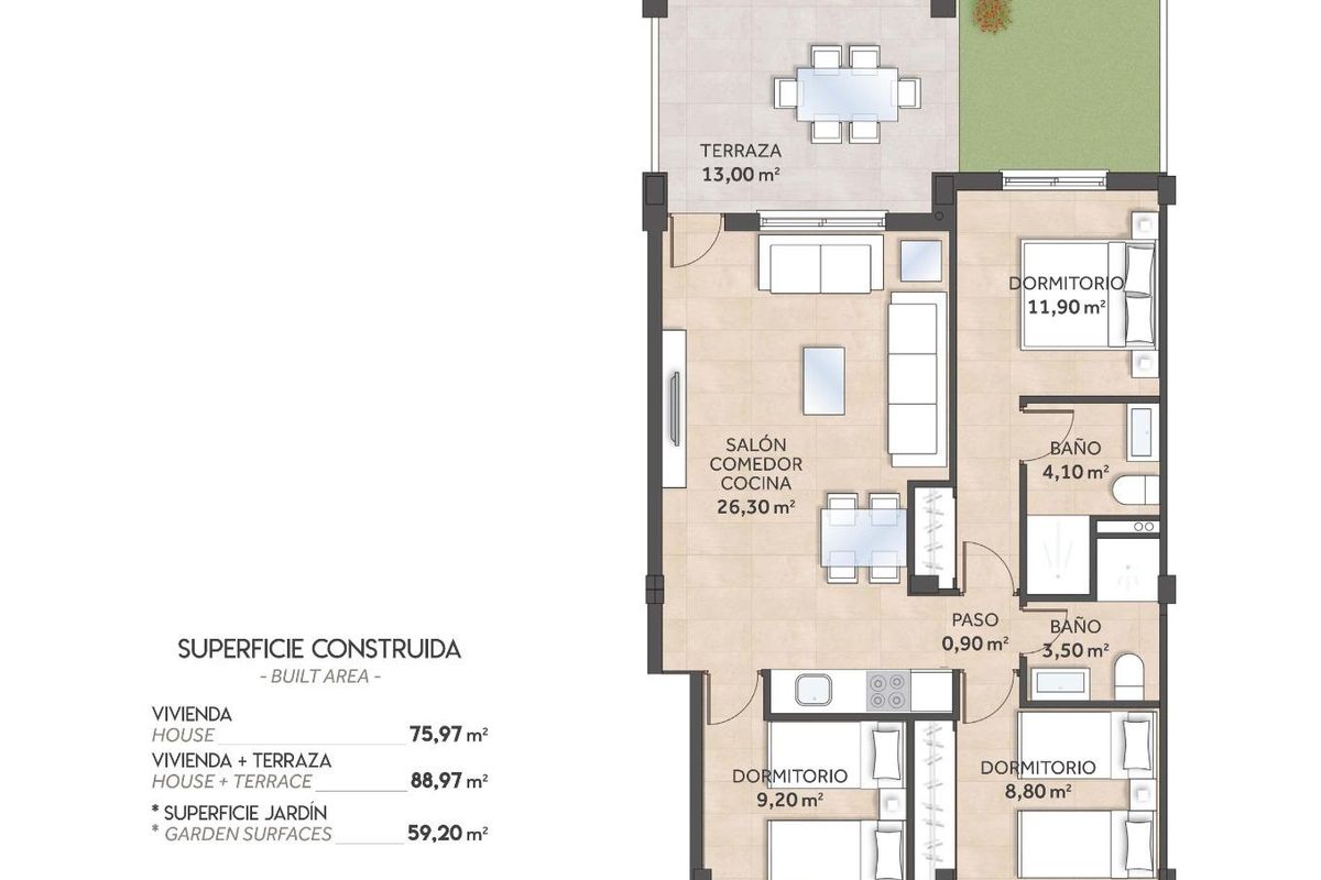 Gedetailleerde plattegrond van een 3-kamerappartement op de begane grond, met indeling en afmetingen in San Miguel de Salinas.