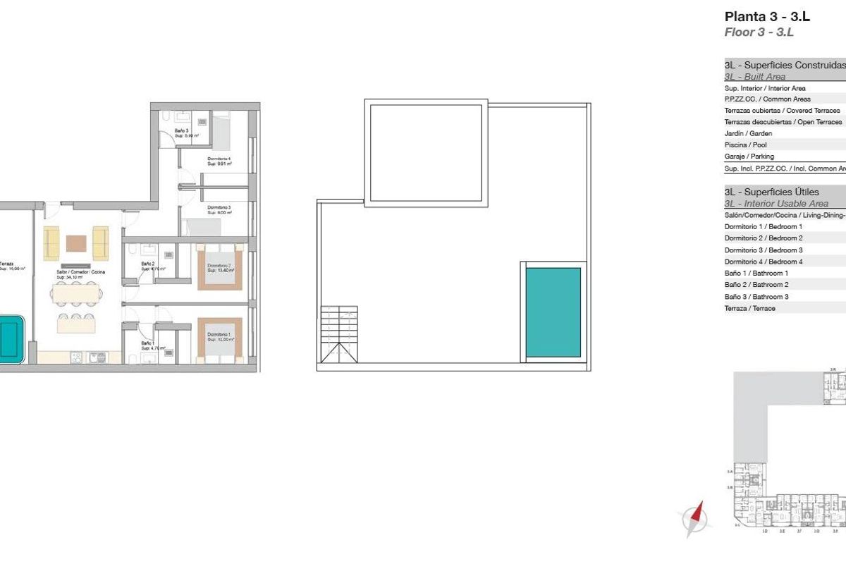 Gedetailleerde plattegrond van het 4-slaapkamer penthouse in San Pedro De Alcantara, met indeling en voorzieningen.