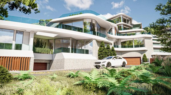 Moderne 3-slaapkamer appartement buitenzijde in Calpe, met grote glazen ramen en aangelegde tuinen.