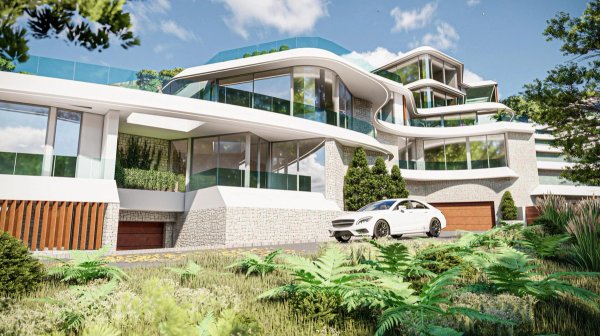 Moderne 3-slaapkamer appartement buitenzijde in Calpe, met grote glazen ramen en aangelegde tuinen.