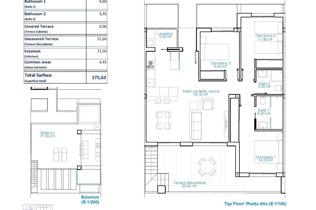 Plattegrond van een ruime 3-slaapkamer penthouse in Pilar de La Horadada met indelingen en dimensies.