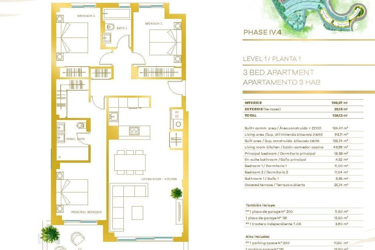Plattegrond van een 3-slaapkamer appartement met ruime indeling en voorzieningen in Mijas, Costa del Sol.