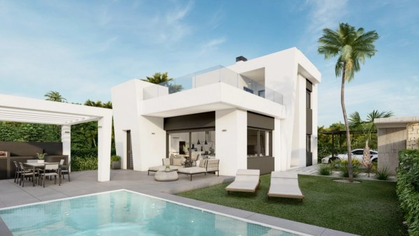 Moderne 3-slaapkamer villa met terras en zwembad in Orihuela Costa, Spanje, met weelderig groen en zitplaatsen buiten.