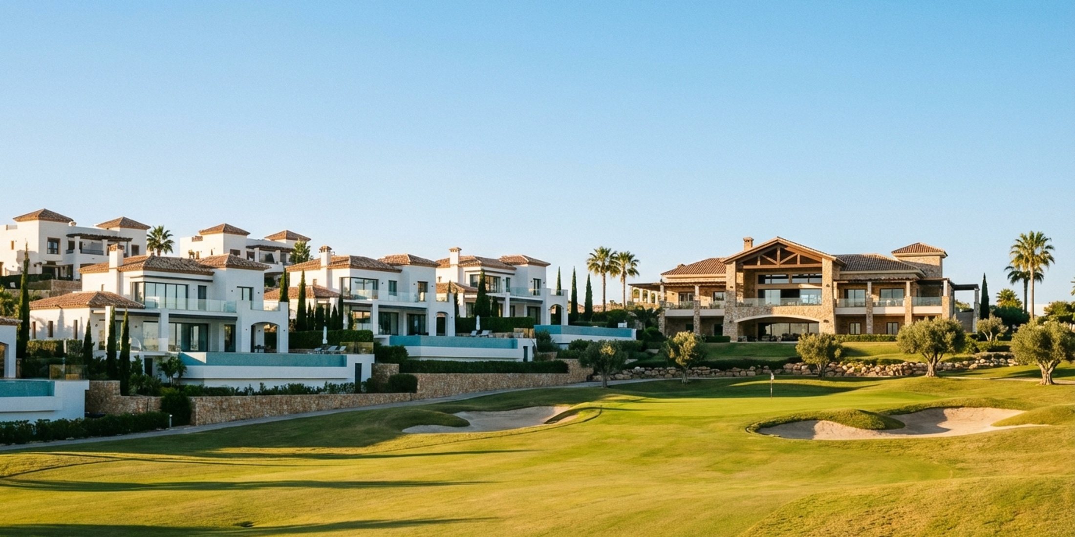 Panoramisch uitzicht op een golfbaan in Torre Pacheco met moderne villa's op de achtergrond