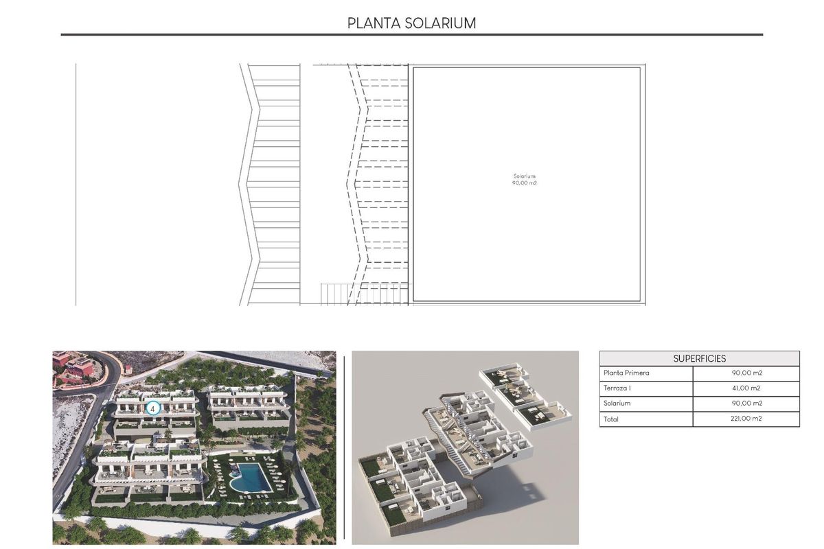 Plattegrond van solarium van een bungalow in Finestrat, Costa Blanca Noord, met terrasruimte en indelingsdetails.