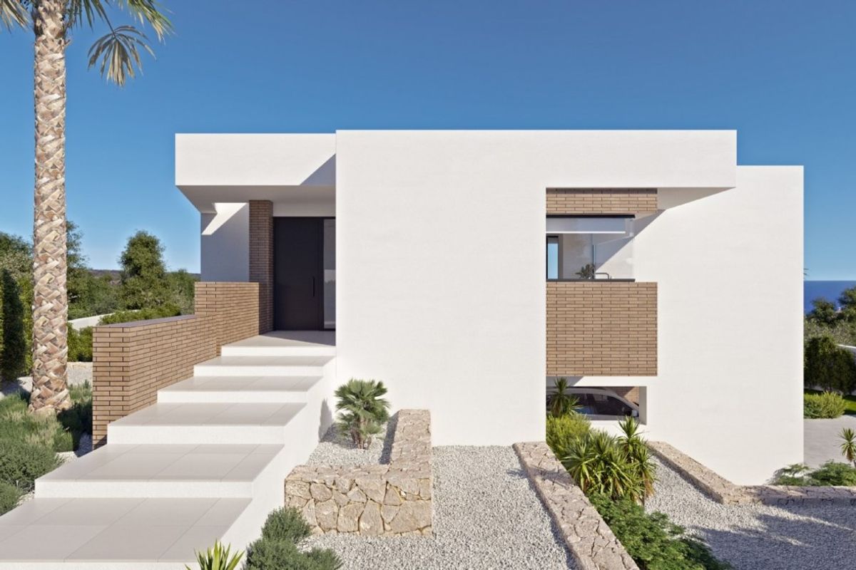 Moderne villa-ingang met treden en rustige tuin in Benitachell, Costa Blanca Noord.