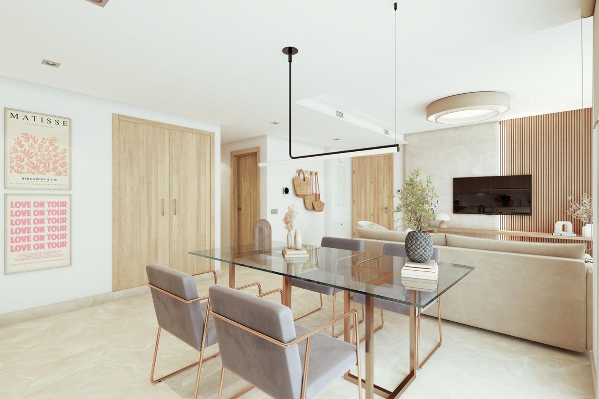 Stijlvolle eetruimte in een 3-slaapkamer penthouse in Mijas, Costa del Sol, met hedendaagse meubels en decor.