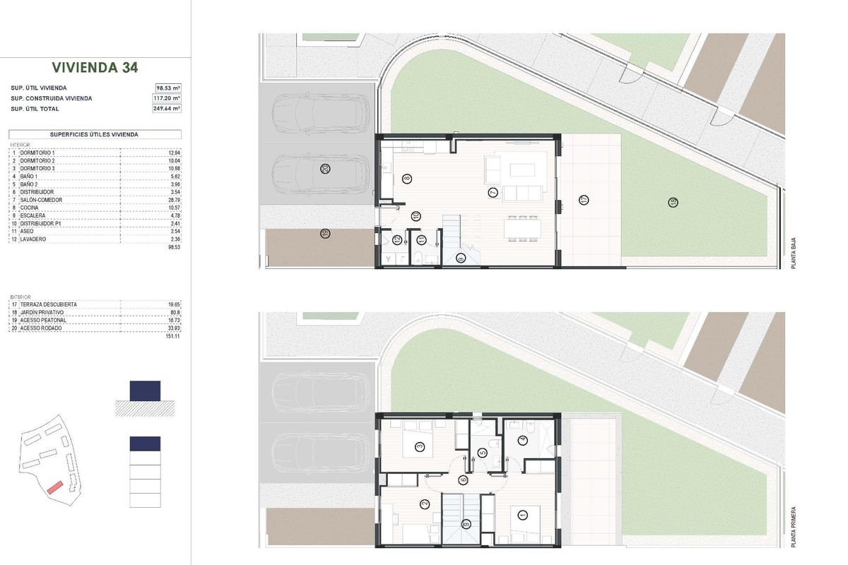 Gedetailleerde plattegrond van een 3-slaapkamerwoning in Finestrat met woonruimtes en indeling.