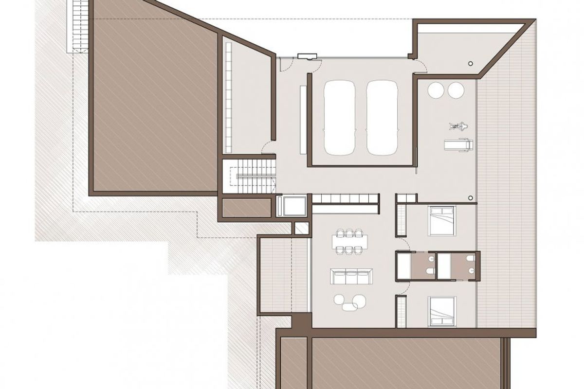 Plattegrond die de indeling van een luxe villa laat zien, ontworpen voor comfort in Moraira Teulada, Costa Blanca.