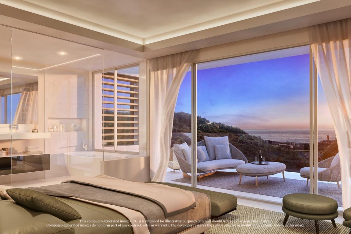 Luxe slaapkamer met glazen deuren die openen naar een schilderachtig uitzicht in een 4-slaapkamer villa in Ojen, Costa del Sol, Spanje.