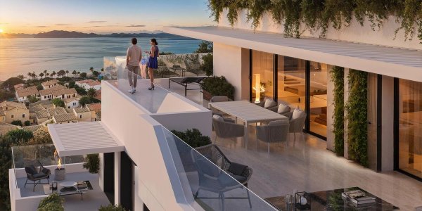Panoramisch uitzicht op de zonsondergang vanaf het terras van een 3-slaapkamer penthouse in Mijas, modern ingericht.
