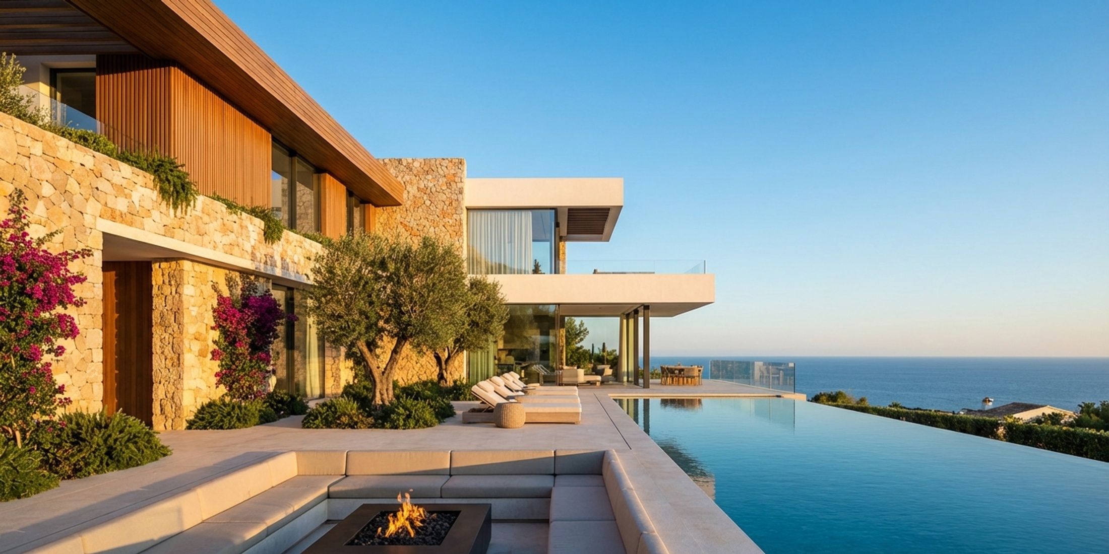 Modern new build villa in Spain with infinity pool at sunset
