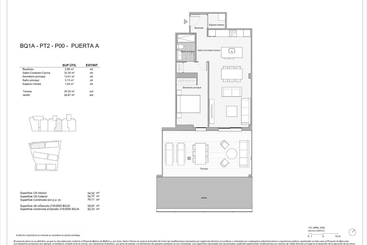 Plattegrond van een 1-slaapkamer appartement op de begane grond in Estepona, Costa del Sol, met woon-, keuken- en terrassengebieden.