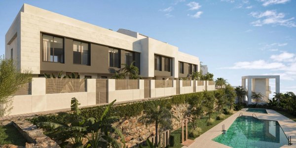 Exterior view of modern 2-bed townhouse in Mijas, Costa del Sol, with a swimming pool and landscaped garden.