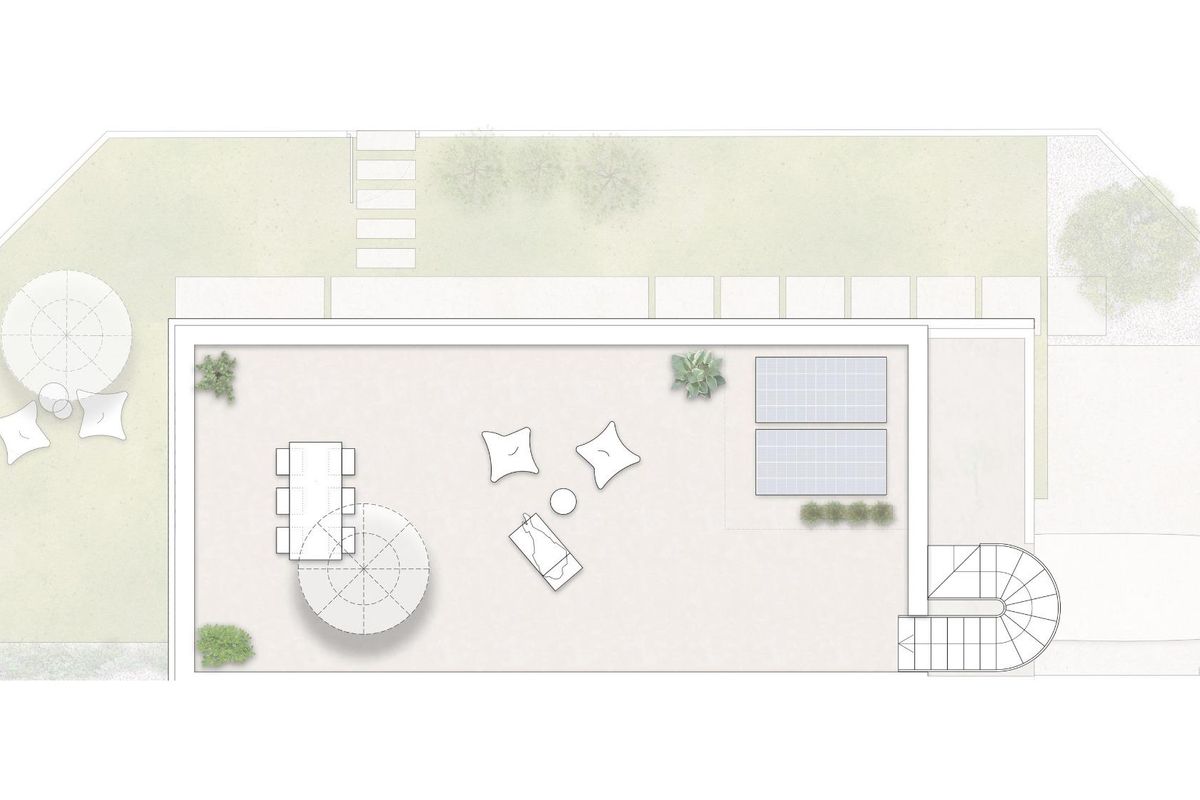 Luchtfoto van het terras met zithoek en ligstoelen in Pilar de La Horadada, Costa Blanca Zuid.