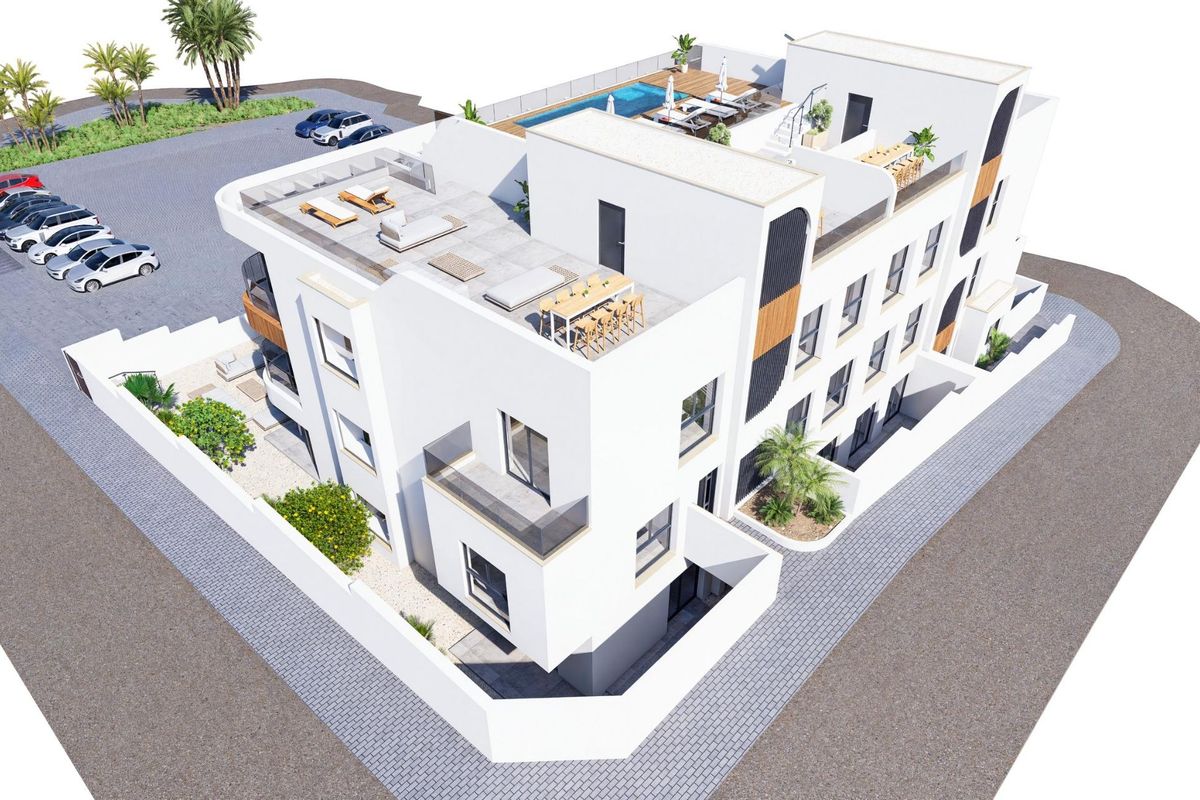 Bovenaanzicht van een modern appartementcomplex met tuinen en een zwembad in Benijofar, Costa Blanca.